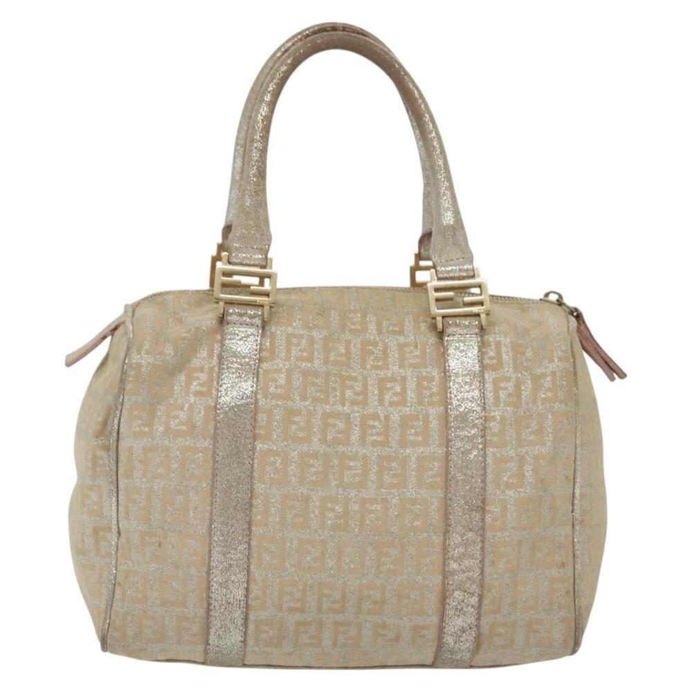 FENDI Zucchino Canvas Hand Bag Silver Gold - Picture 3 of 13